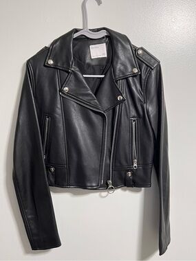 Bershka Black Faux Leather Biker Jacket with Silver Hardware